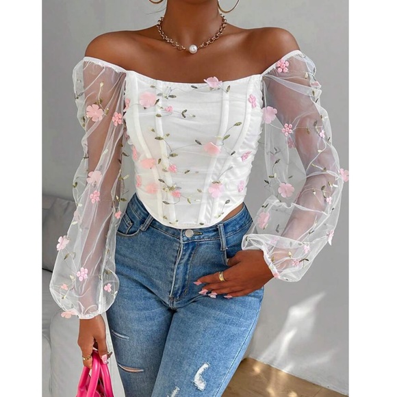 Rebellious Rose Tops - Contrast Mesh Floral Top ❤️